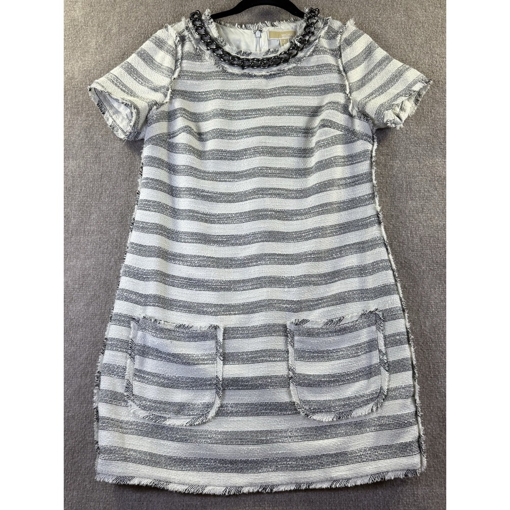 MICHAEL Michael Kors Striped Tweed Metal Chain Neck Shift Dress Size 6